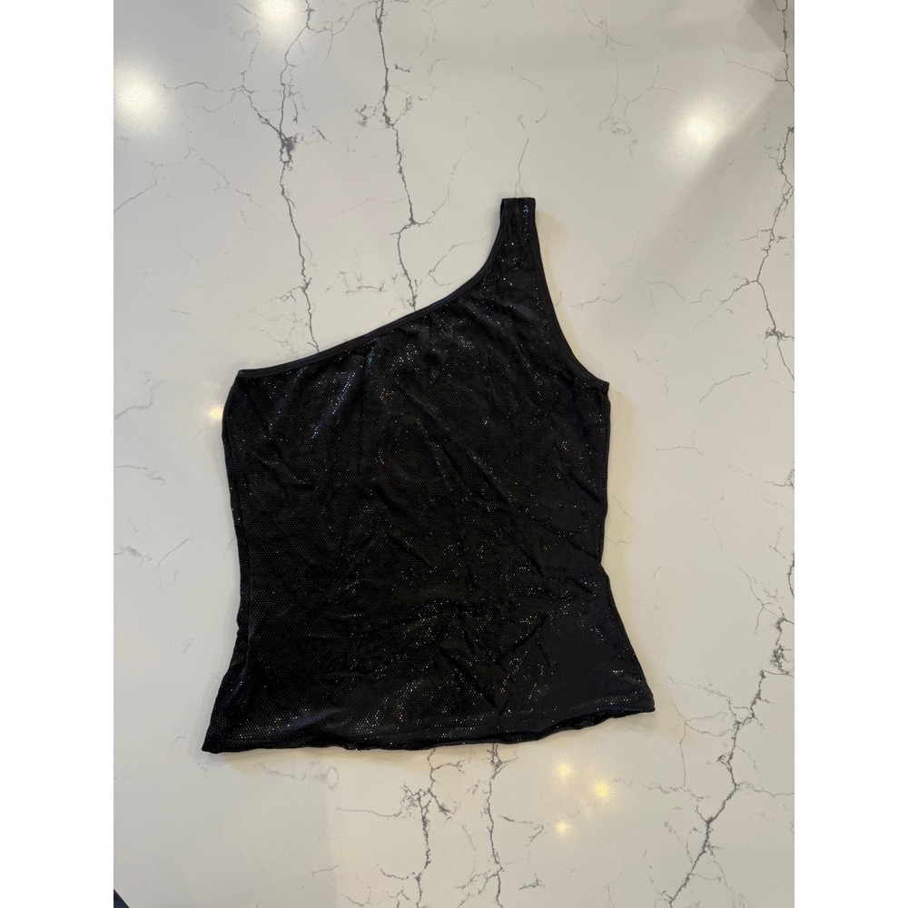 Vintage Bebe Y2K Black Metallic One Shoulder Asymmetrical Top S Sparkle